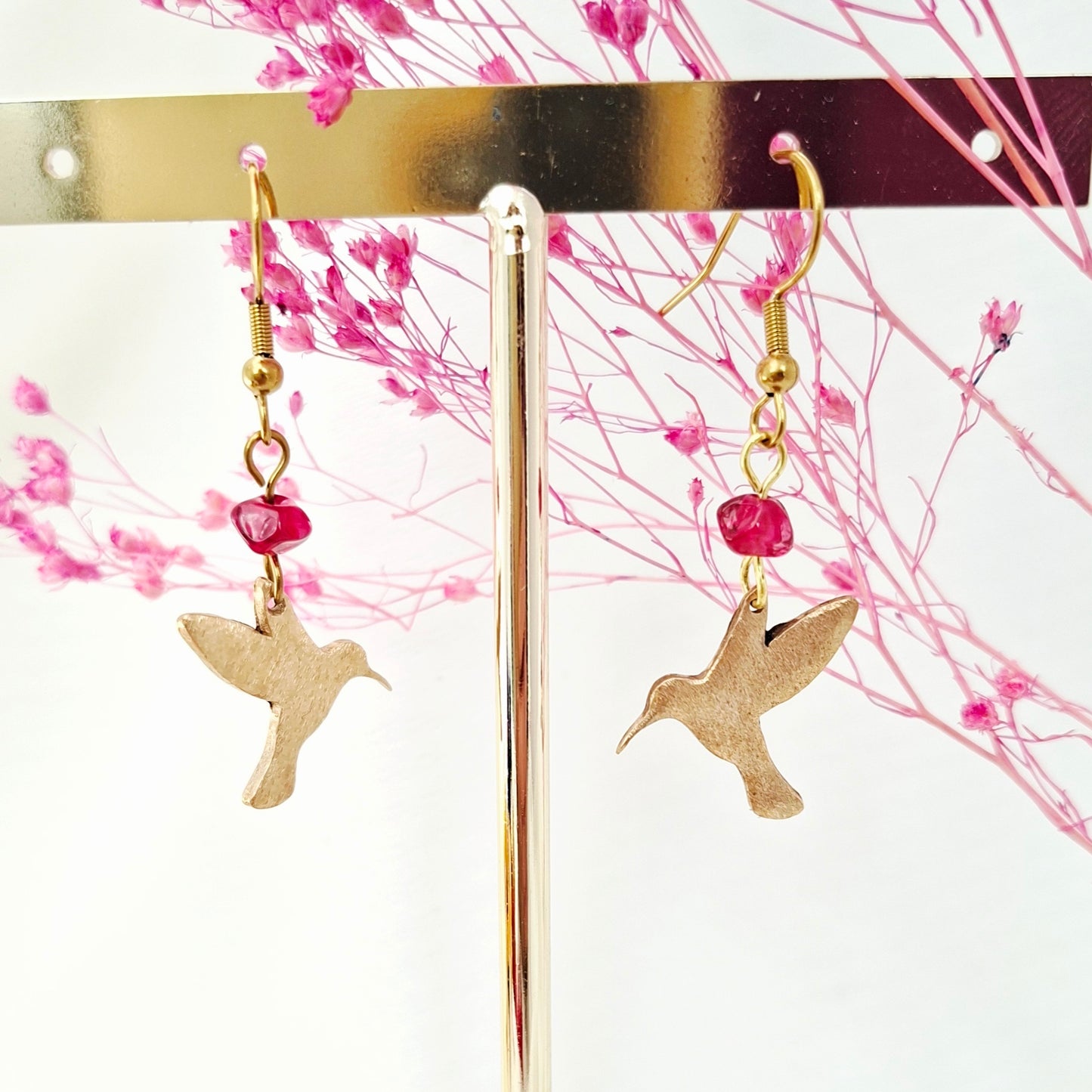 Boucles d'oreilles Colibris perles bronze doré